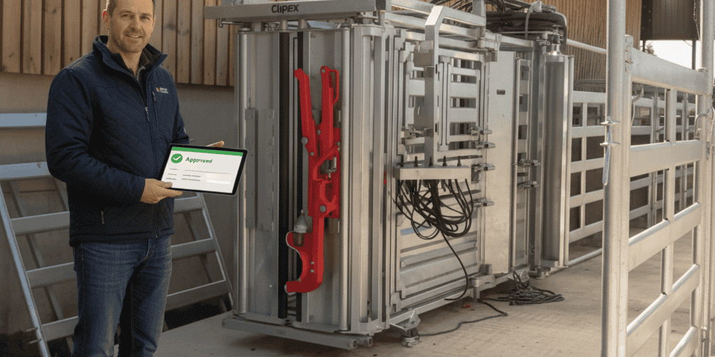 Use AI Image Jul 17, 2026, 15_43_59 A modern Clipex pneumatic cattle crush installed in a UK farmyard, representing successful FETF grant equipment procurement.