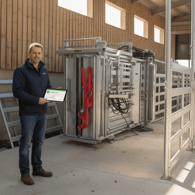 A modern Clipex pneumatic cattle crush installed in a UK farmyard, representing successful FETF grant equipment procurement.