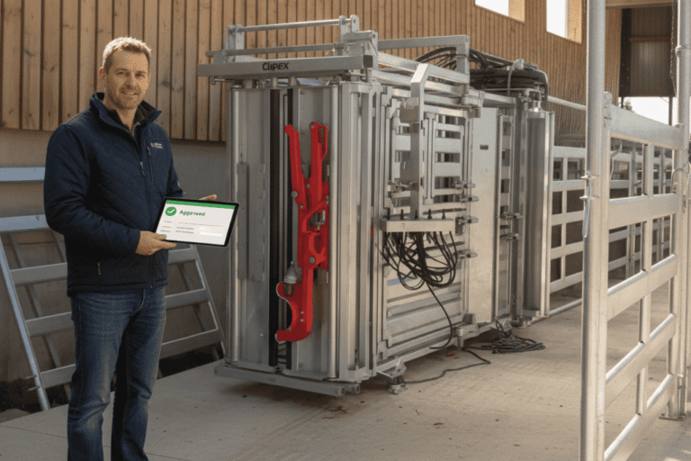 A modern Clipex pneumatic cattle crush installed in a UK farmyard, representing successful FETF grant equipment procurement.