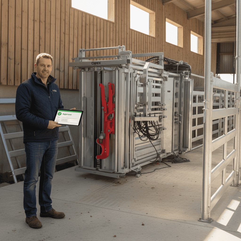 A modern Clipex pneumatic cattle crush installed in a UK farmyard, representing successful FETF grant equipment procurement.