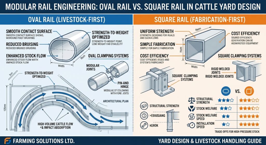 Modular Rail Engineering: Oval Rail vs. Square Rail in Cattle Yard Design.