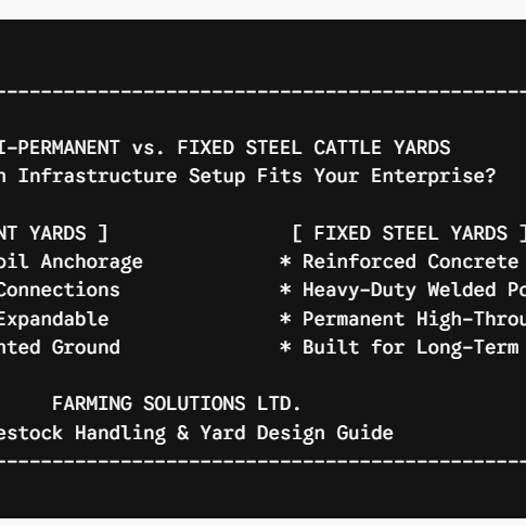 Infographic comparing semi-permanent modular cattle yards against fixed steel yard infrastructure, showing ground preparation and structural differences for UK livestock farms.