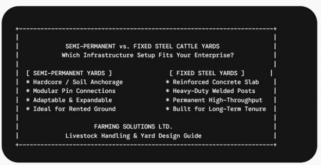 Infographic comparing semi-permanent modular cattle yards against fixed steel yard infrastructure, showing ground preparation and structural differences for UK livestock farms.