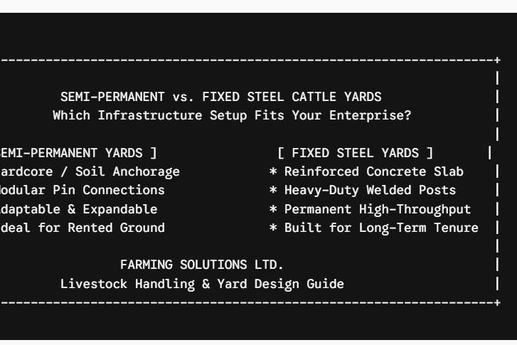 Infographic comparing semi-permanent modular cattle yards against fixed steel yard infrastructure, showing ground preparation and structural differences for UK livestock farms.
