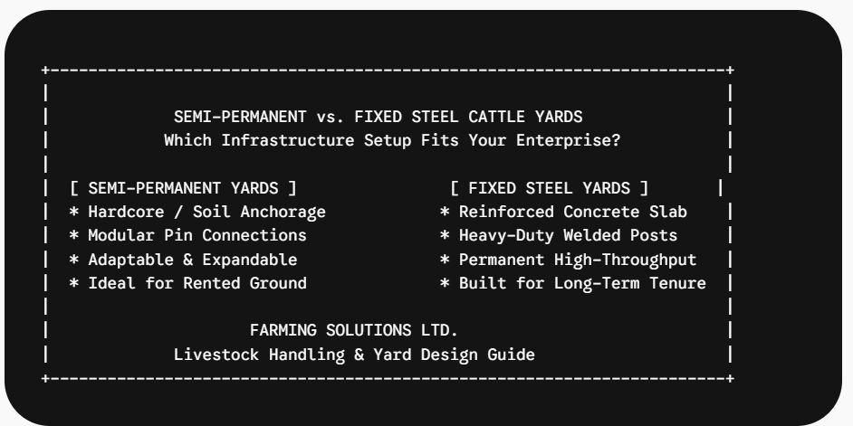 Semi Permenant vs fixed cattle yards Infographic comparing semi-permanent modular cattle yards against fixed steel yard infrastructure, showing ground preparation and structural differences for UK livestock farms.
